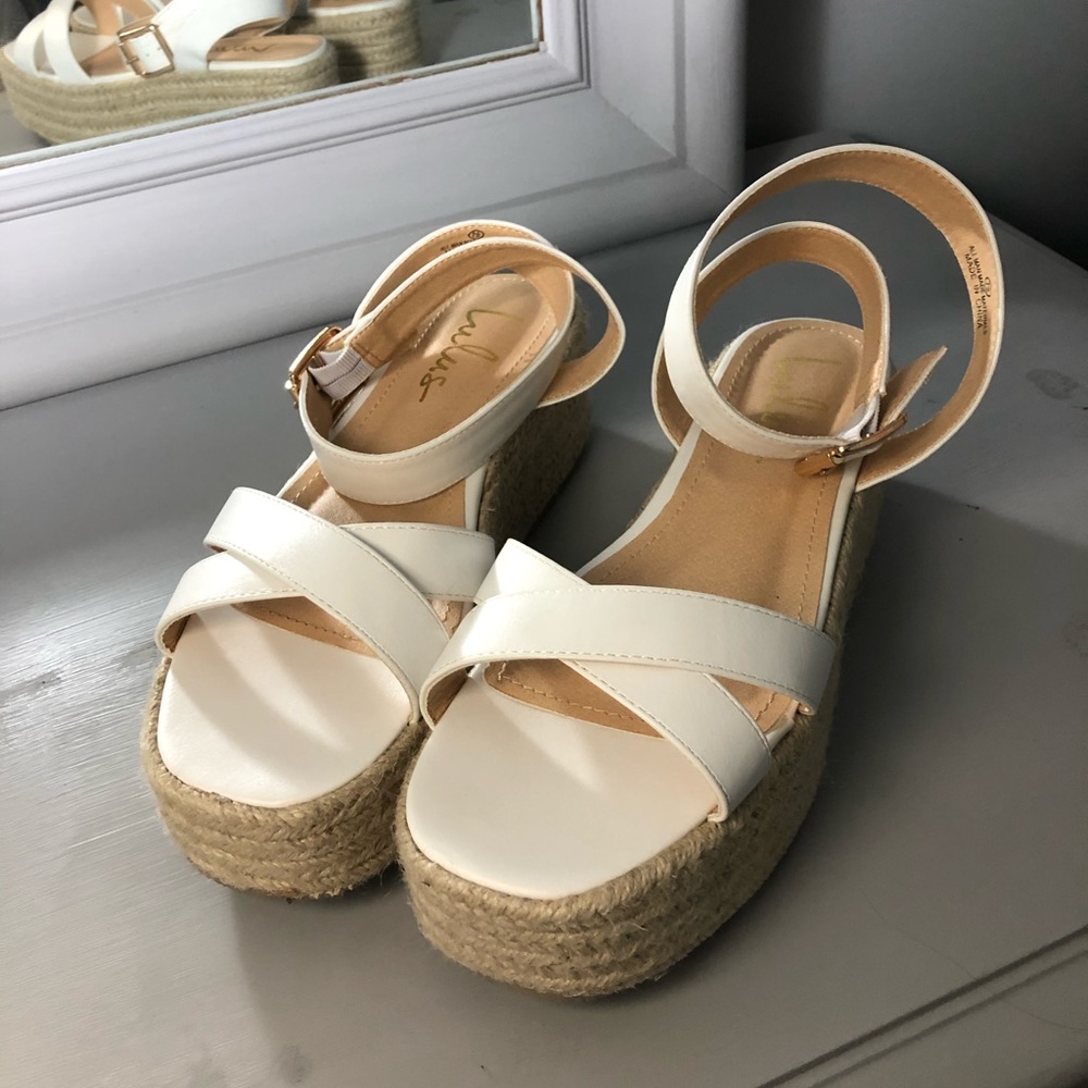 LuLus strappy platform white sandal